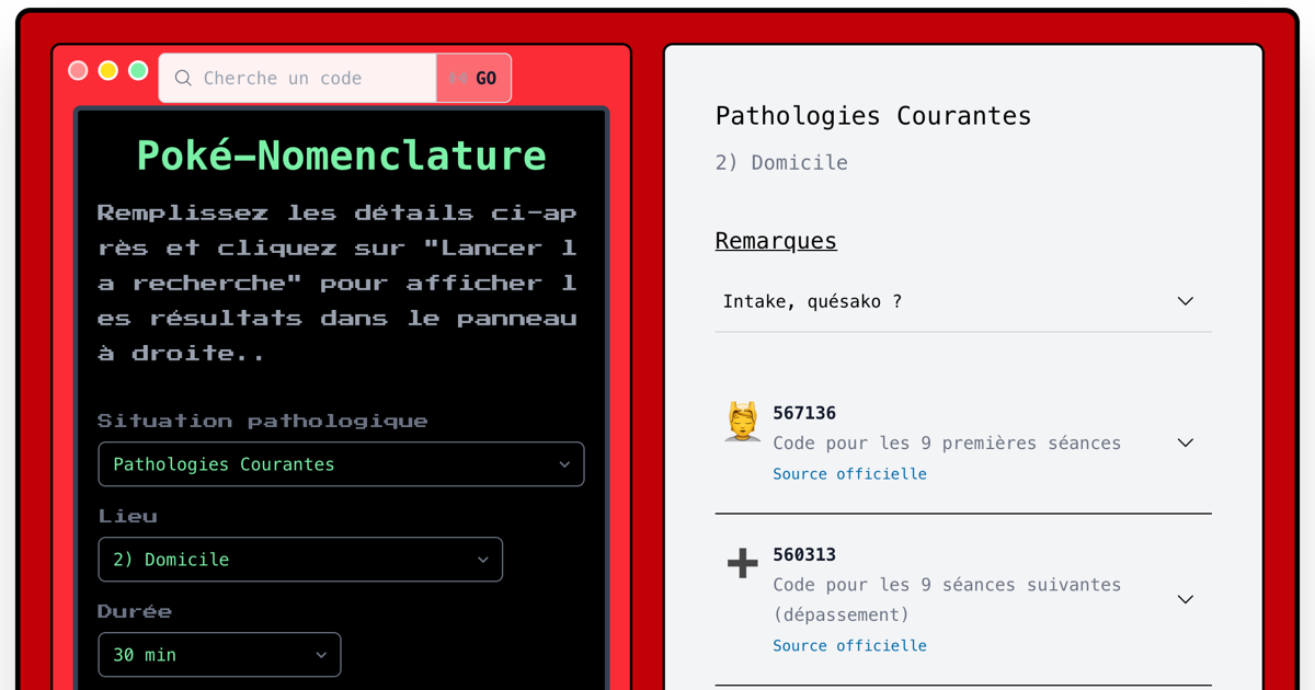 Capture d'écran de la Poké-Nomenclature : formulaire de recherche et liste de codes de nomenclature